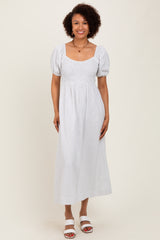 White Popcorn Smocking Bubble Sleeve Midi Dress