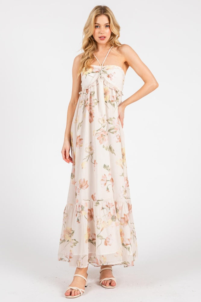 Cream Floral Chiffon Halter Maxi Dress