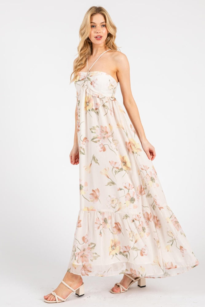 Cream Floral Chiffon Halter Maxi Dress