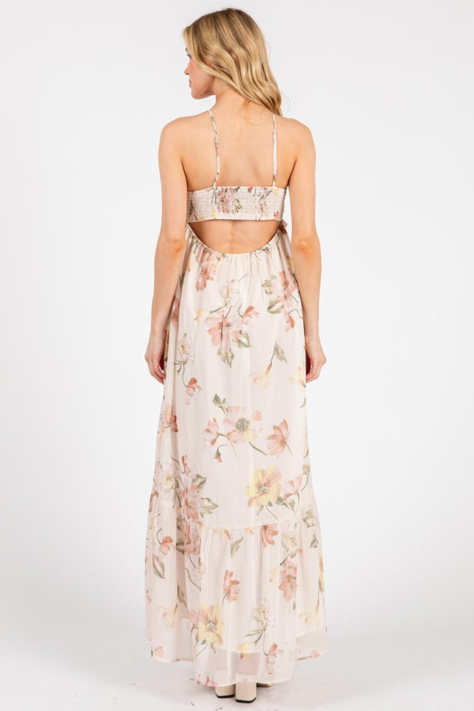 Cream Floral Chiffon Halter Maxi Dress