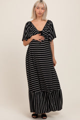 Black/ Cream Stripe Knit Flutter Sleeve V-Neck Tiered Maternity Maxi Dress