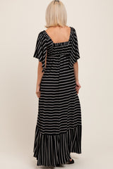 Black/ Cream Stripe Knit Flutter Sleeve V-Neck Tiered Maternity Maxi Dress