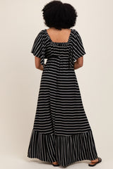 Black/ Cream Stripe Knit Flutter Sleeve V-Neck Tiered Maxi Dress