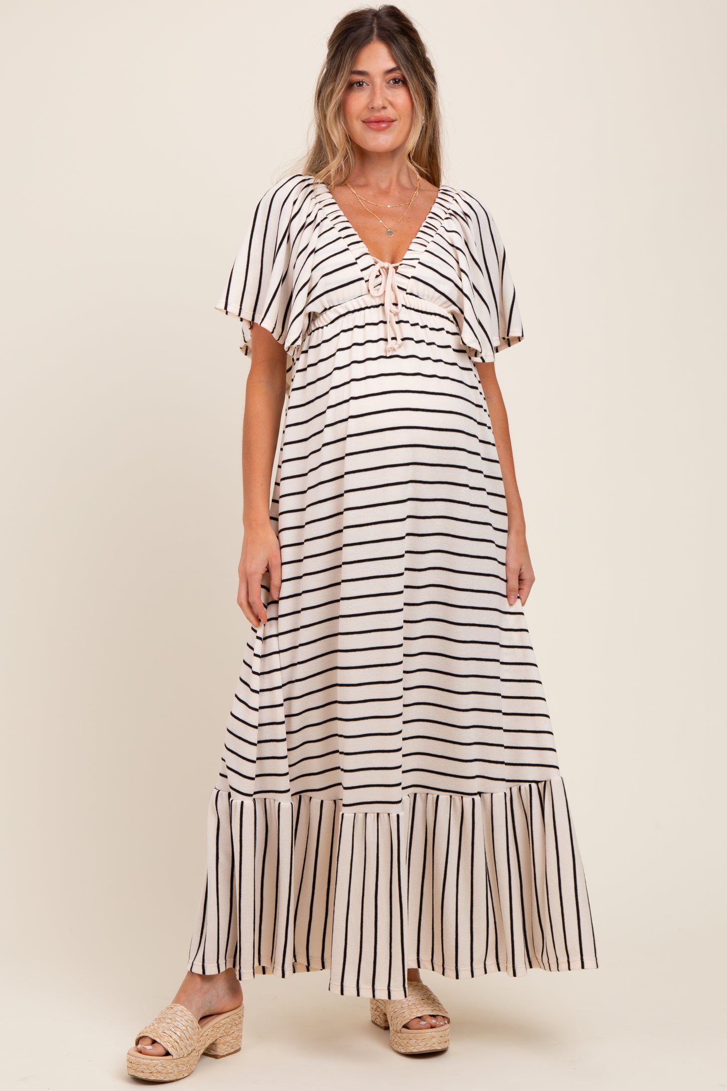 Cream/ Black Stripe Knit Flutter Sleeve V-Neck Tiered Maternity Maxi Dress