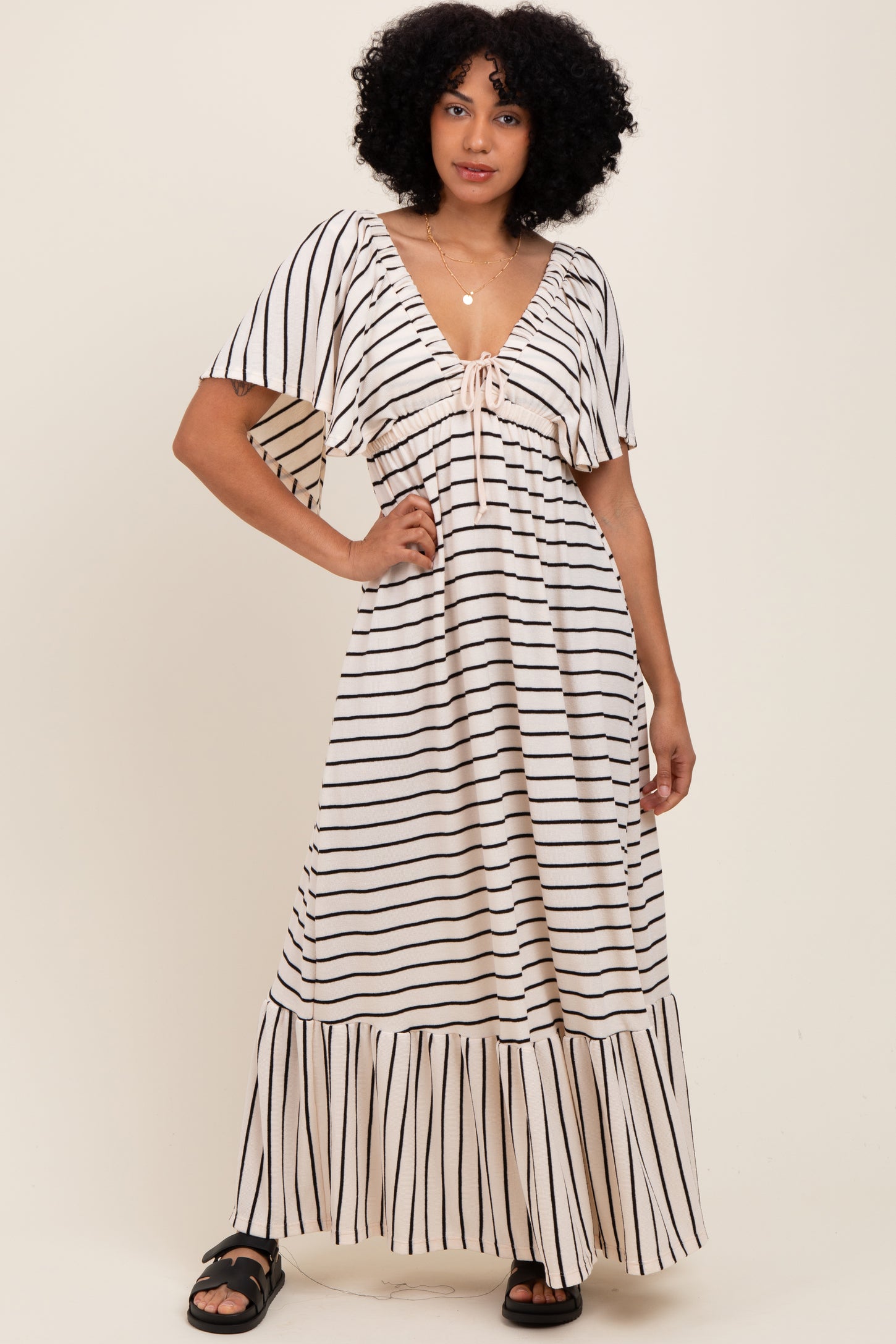 Cream/ Black Stripe Knit Flutter Sleeve V-Neck Tiered Maternity Maxi Dress