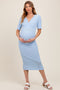 Light Blue Striped Short Sleeve V-Neck Maternity Midi Dress