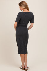 Charcoal Striped Short Sleeve V-Neck Maternity Midi Dress
