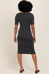 Charcoal Striped Short Sleeve V-Neck Midi Dress