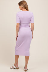 Lavender Striped Short Sleeve V-Neck Maternity Midi Dress