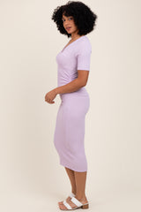 Lavender Striped Short Sleeve V-Neck Midi Dress