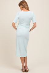 Mint Striped Short Sleeve V-Neck Maternity Midi Dress