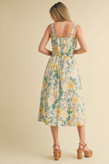 Green Floral Button Front Sash Tie Midi Dress