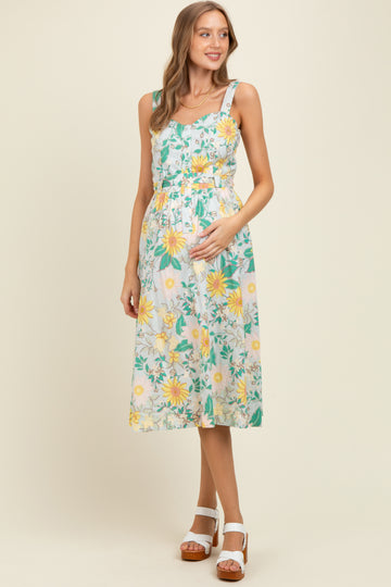 Green Floral Button Front Sash Tie Maternity Midi Dress