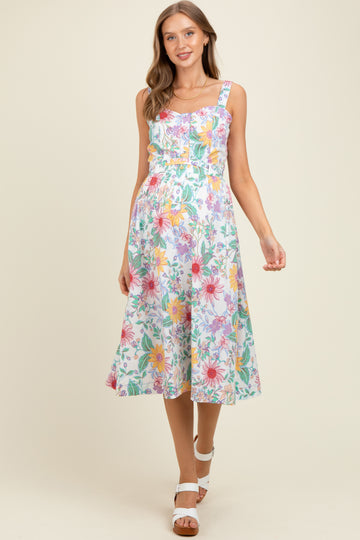 Ivory Floral Button Front Sash Tie Maternity Midi Dress