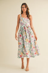 Ivory Floral Button Front Sash Tie Maternity Midi Dress