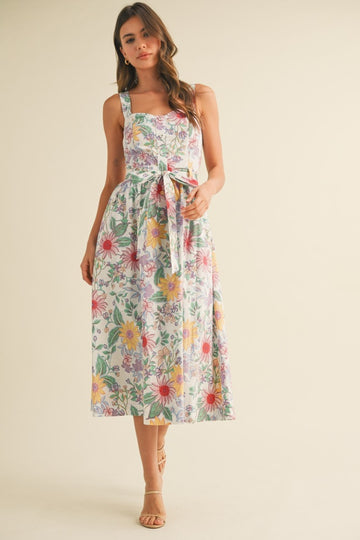 Ivory Floral Button Front Sash Tie Midi Dress