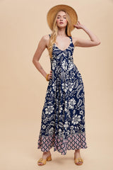 Navy Floral Crisscross Back Cutout Maternity Maxi Dress