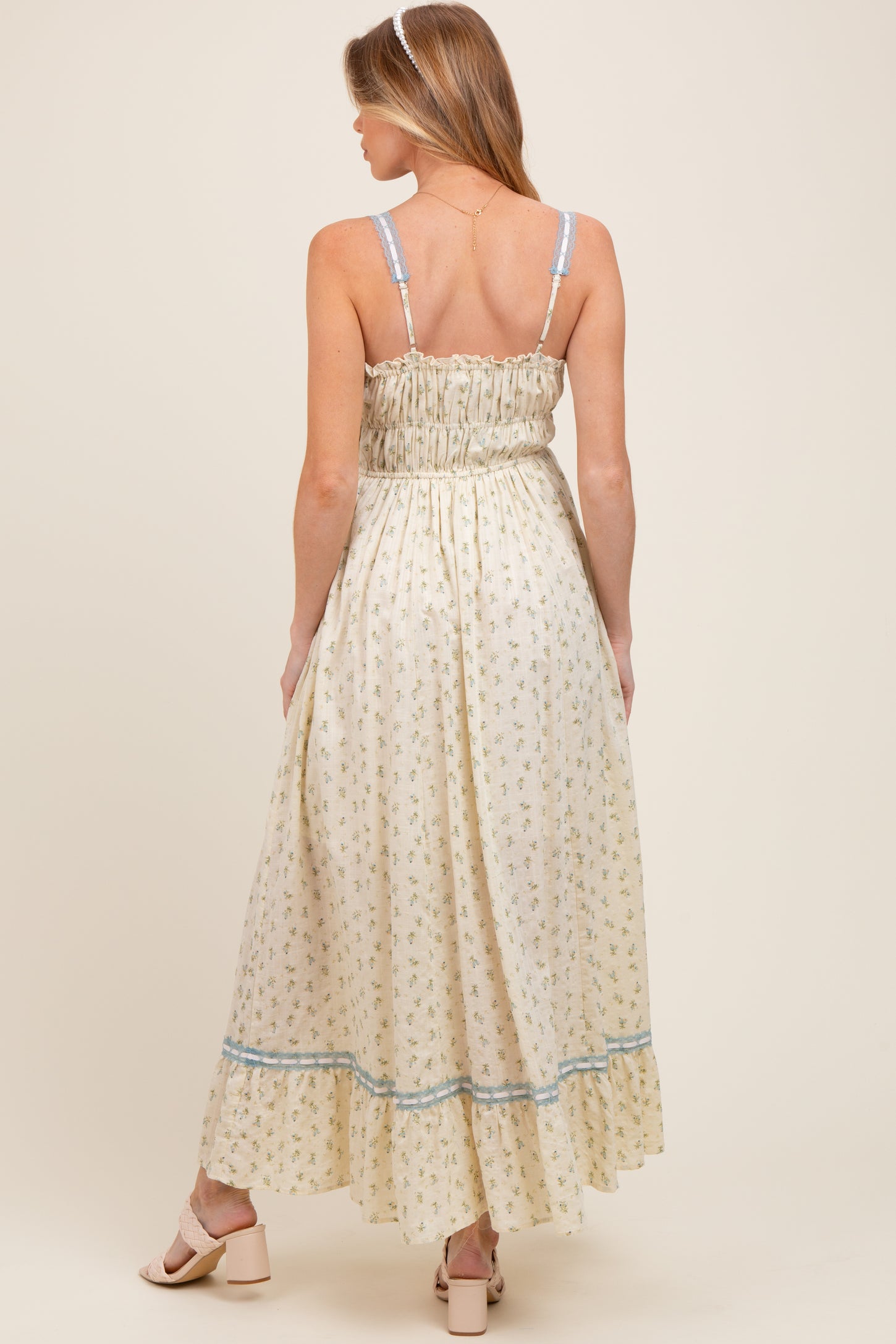 Blue Floral Ribbon Detail Sleeveless Maternity Maxi Dress