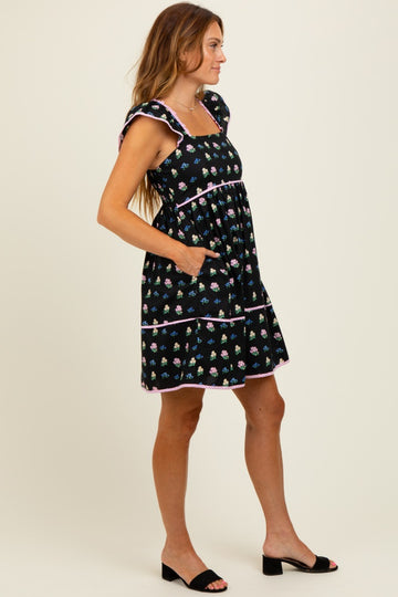 Black Floral Ruffle Strap Mini Dress