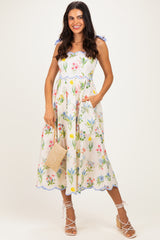 Cream Floral Shoulder Tie Scallop Trim Maternity Midi Dress
