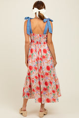 Red Floral Contrast Shoulder Tie Midi Dress