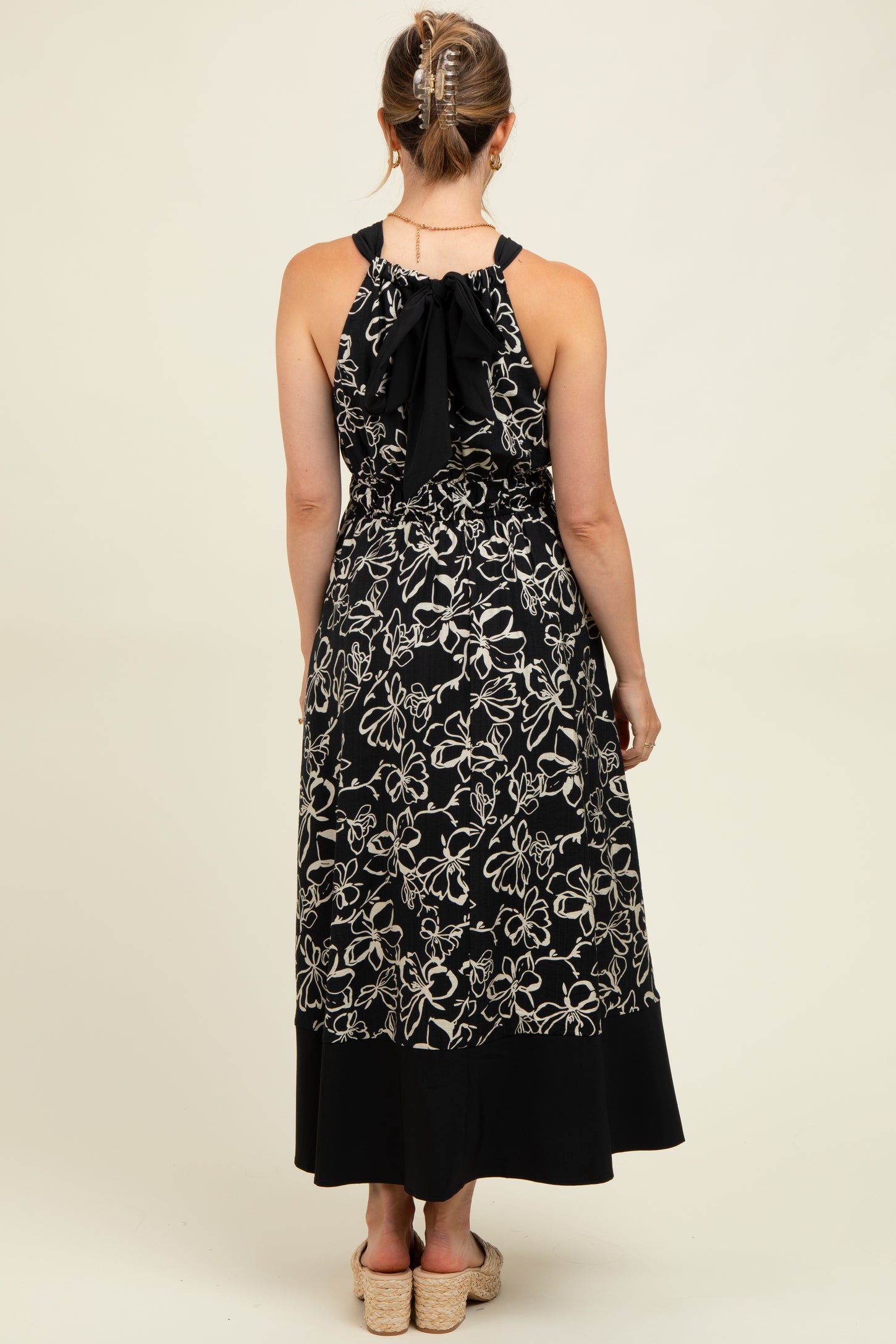 Black Floral Bow Tie Sleeveless Maternity Midi Dress