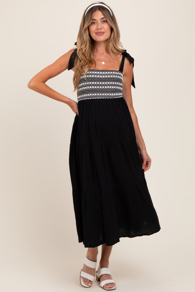 Black Crochet Bodice Shoulder Tie Tiered Maternity Midi Dress