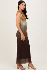 Brown Ombre Mesh Ruched Sleeveless Midi Dress