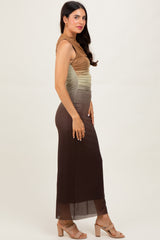 woman wearing a color-blocked sleeveless maxi dress in tan, green, and brown with a fitted silhouette and sheer hem