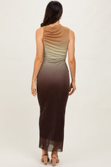 woman wearing a sleeveless ombre maxi dress transitioning from green to brown, showing a fitted silhouette from the back