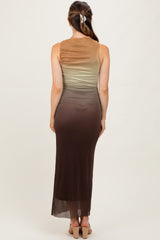 Brown Ombre Mesh Ruched Sleeveless Maternity Midi Dress