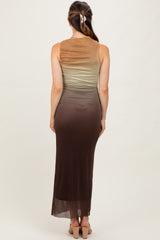 woman wearing a sleeveless ombre maternity dress with a fitted silhouette in shades of green to brown