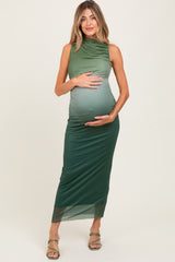 Forest Green Ombre Mesh Ruched Sleeveless Maternity Midi Dress