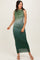 woman wearing a sleeveless green ombre maxi dress with a cowl neckline and side slit