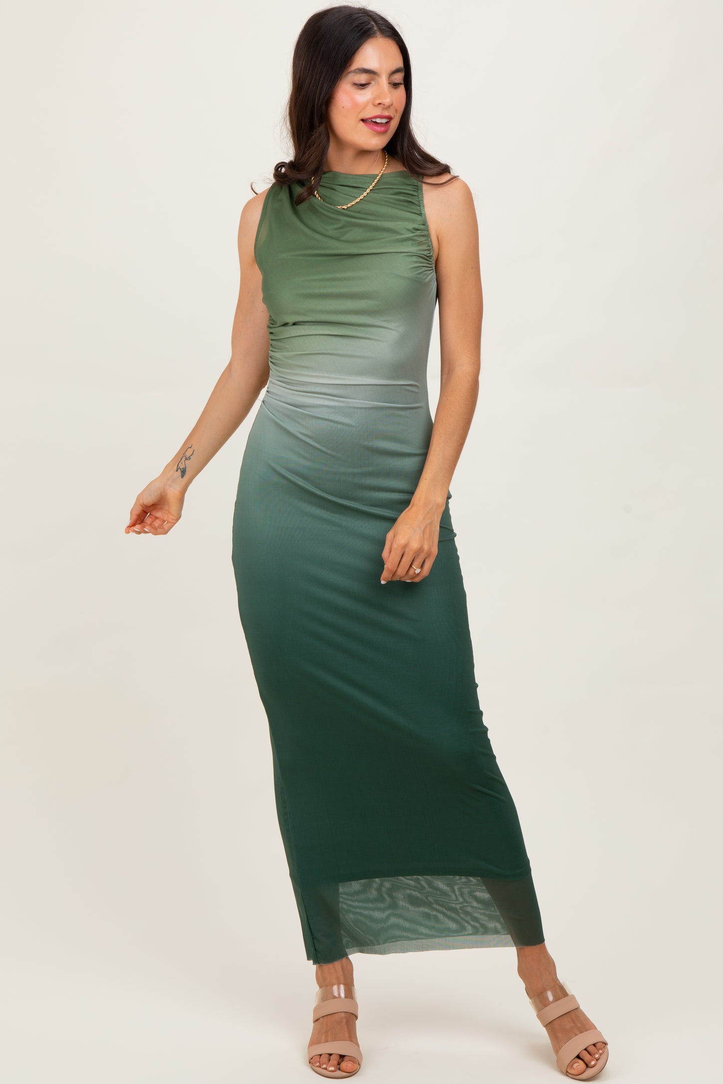 Forest Green Ombre Mesh Ruched Sleeveless Midi Dress