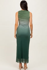 Forest Green Ombre Mesh Ruched Sleeveless Midi Dress