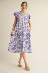 Lavender Floral Ruffle Sleeve Tiered Midi Dress