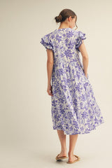 Lavender Floral Ruffle Sleeve Tiered Midi Dress