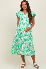 Green Floral Ruffle Sleeve Tiered Maternity Midi Dress