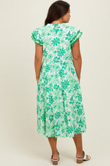 Green Floral Ruffle Sleeve Tiered Maternity Midi Dress