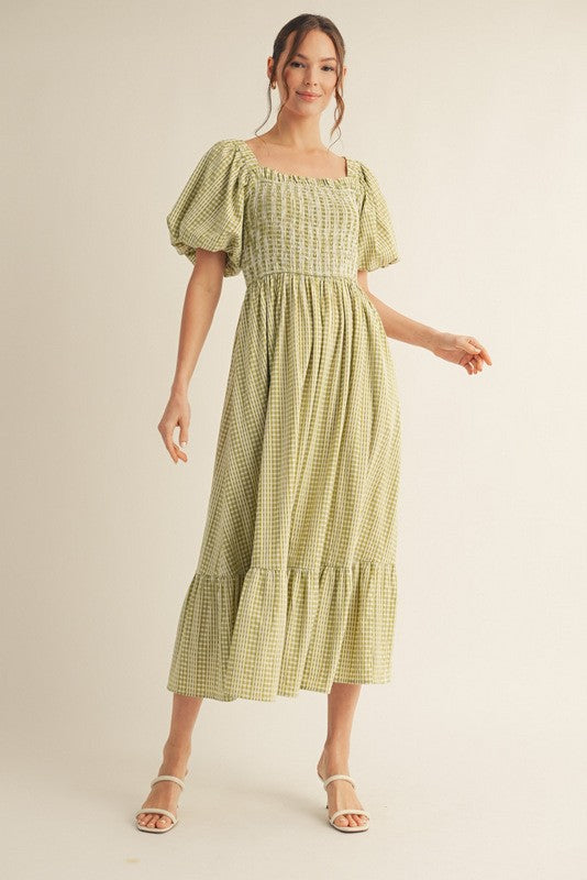 Light Olive Gingham Smocked Puff Sleeve Maternity Midi Dress