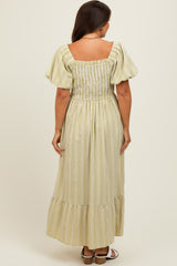 Light Olive Gingham Smocked Puff Sleeve Maternity Midi Dress