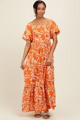 Orange Floral Smocked Puff Sleeve Maternity Maxi Dress