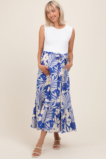 Blue Floral Contrast Top Sash Tie Sleeveless Maternity Midi Dress