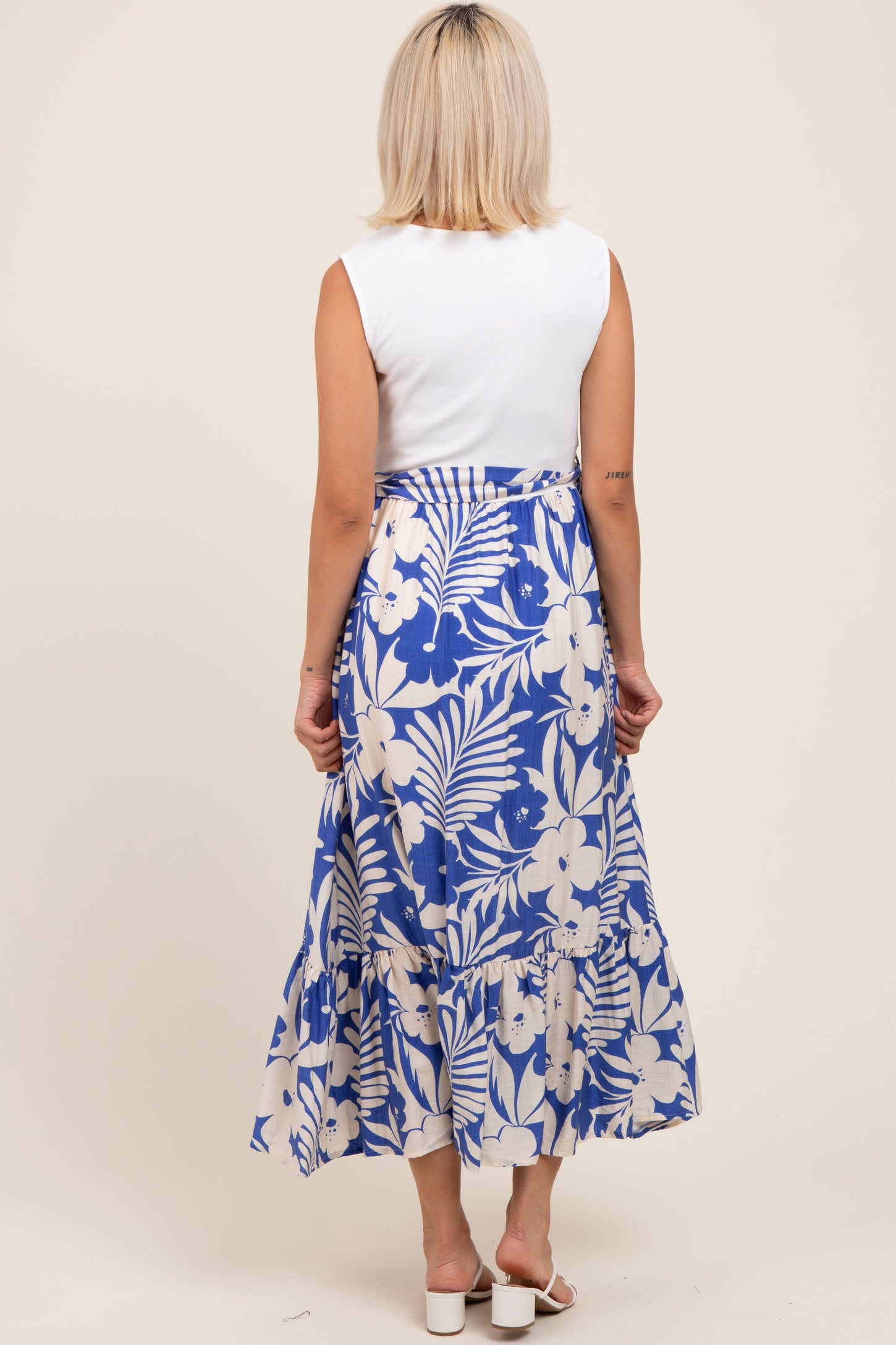 Blue Floral Contrast Top Sash Tie Sleeveless Maternity Midi Dress