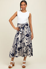 Navy Floral Contrast Top Sash Tie Sleeveless Maternity Midi Dress