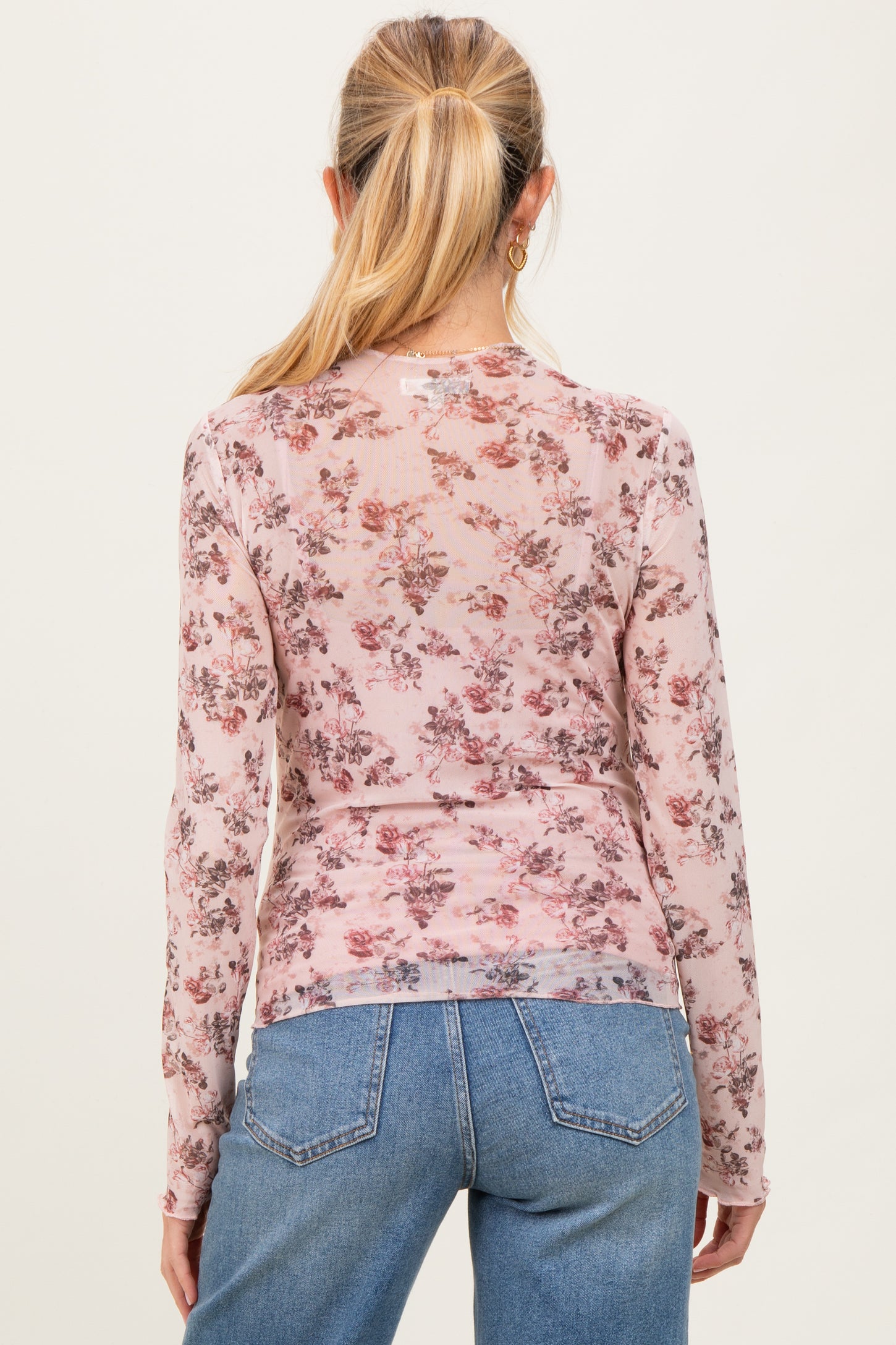Cream Rose Floral Mesh Maternity Long Sleeve Top