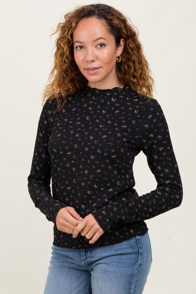 Black Floral Crinkled Texture High Neck Long Sleeve