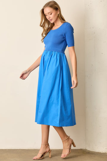 Blue Contrast Knit Top Midi Dress