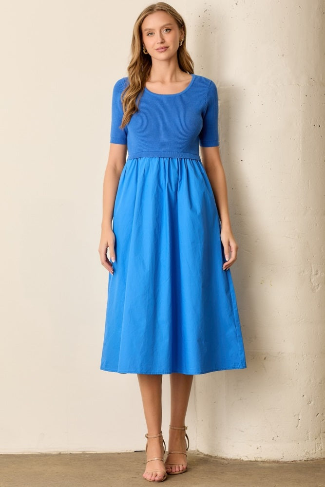 Blue Contrast Knit Top Maternity Midi Dress